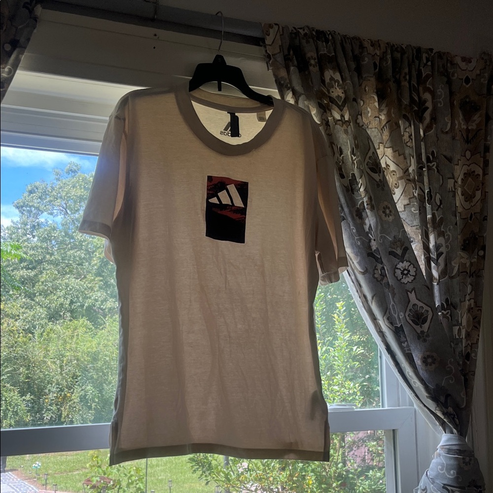 Adidas Cream T-Shirt with Black and Red Logo